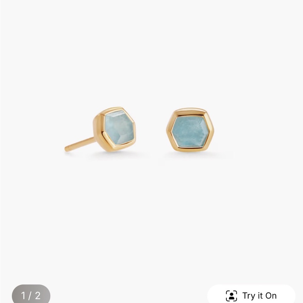 Kendra Scott Gold-Tone Hexagon Studs with aquamarine  
 Stones . New in box